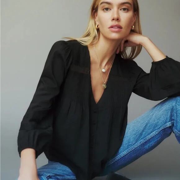 Reformation Top Womens Large NWT Livvy in Black Peasant Lace Detail V-Neck Puff - Picture 1 of 12